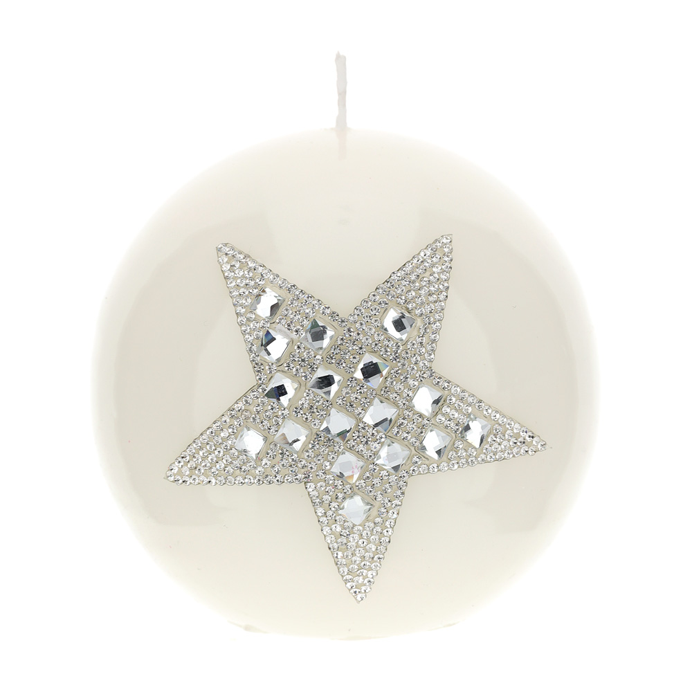 Candela a sfera bianca laccata con stella strass decorativi - 10 cm - Hervit